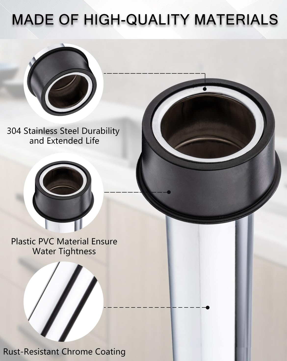 Tubo de desbordamiento de fregadero de barra de acero inoxidable de 12.25 pulgadas para desagües de 1.75 pulgadas, tubo de drenaje de fregadero de baño con 3 compartimentos, tapón de fregadero