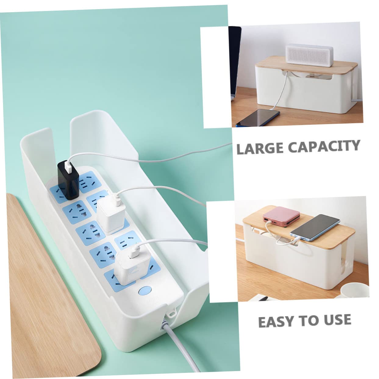 Caja de Cables Grande Tapa de Bambú para Enchufes y Cordones