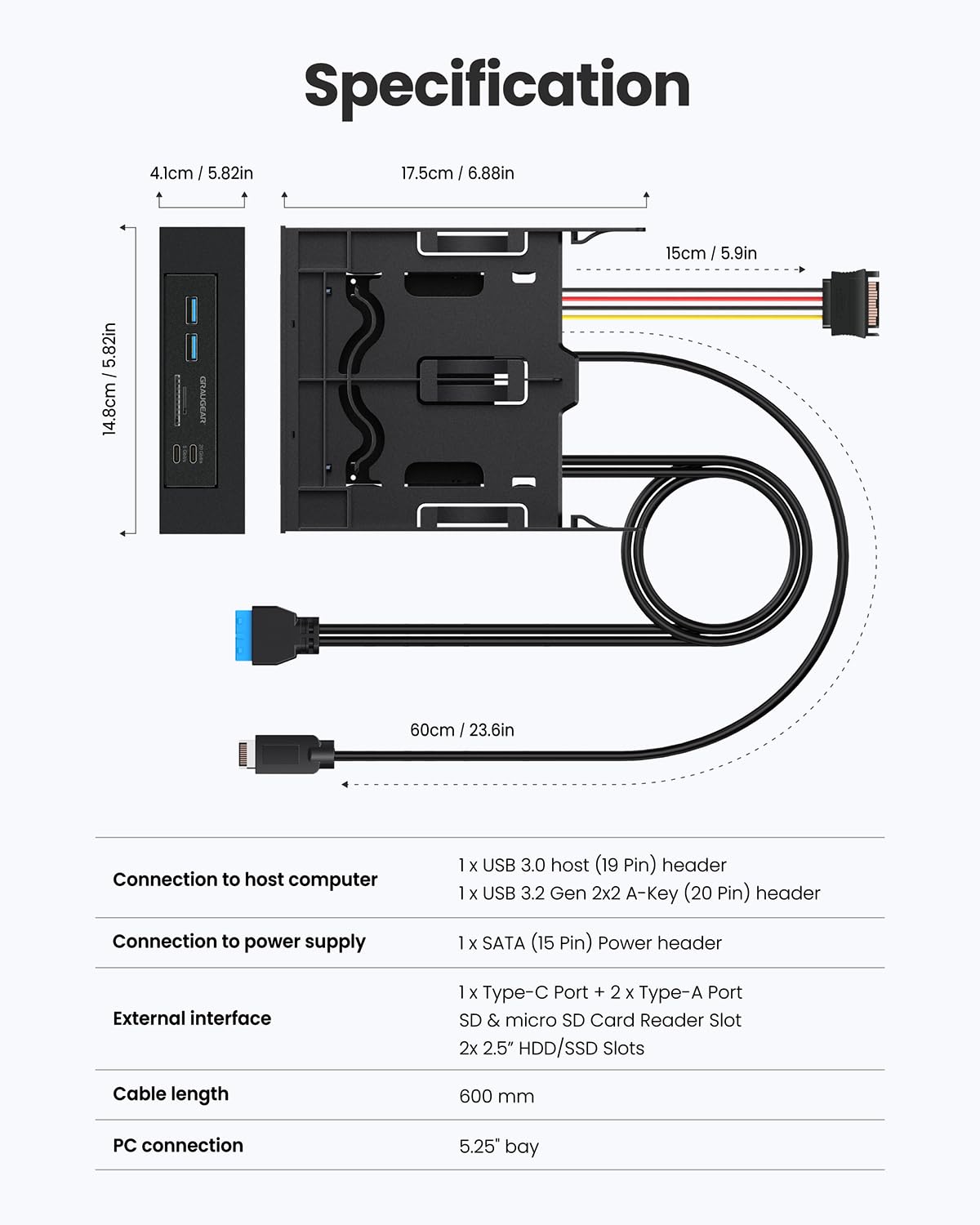 GRAUGEAR 5,25-calowy panel przedni PC do obudowy komputera z czytnikiem kart SD i 4-portowym HUB USB 3.2 I USB-C 20 Gbit/s I + ramka do montażu SSD I na 2 x 2,5" SATA SSD wewnętrzne I bez śrub do