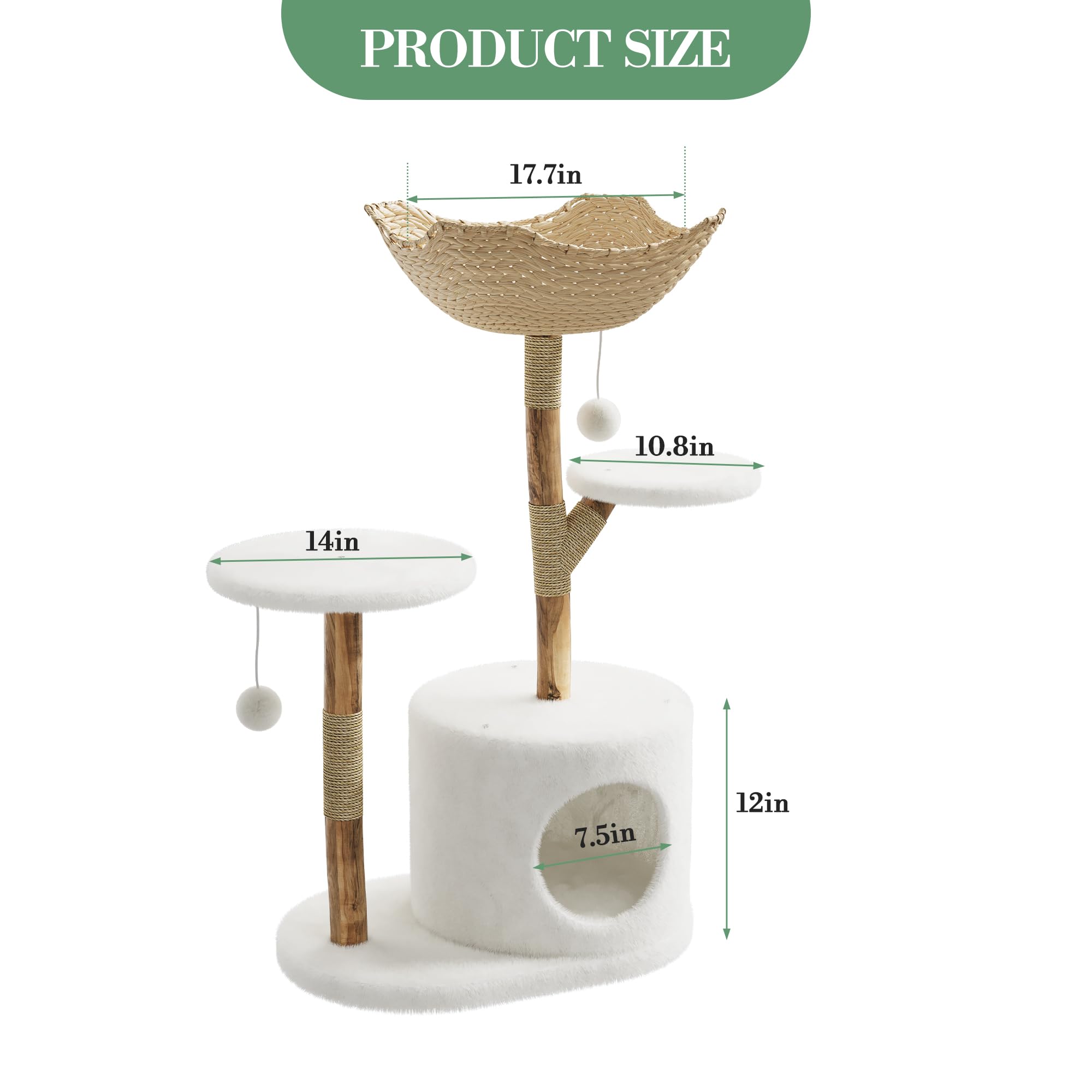 GarveeTech Drapak drewniany, naturalny drapak z litego drewna z jaskinią 73 x 44 x 109 cm, XXL platforma do spania i piłki do zabawy, nowoczesny mebel dla kotów w stylu boho dla wymagających kotów