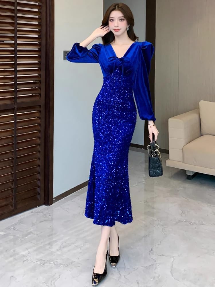 Autumn and Winter Velvet ​​Sequin Dress for Womens Banquet Evening Temperament Showing Fishtail Skirt