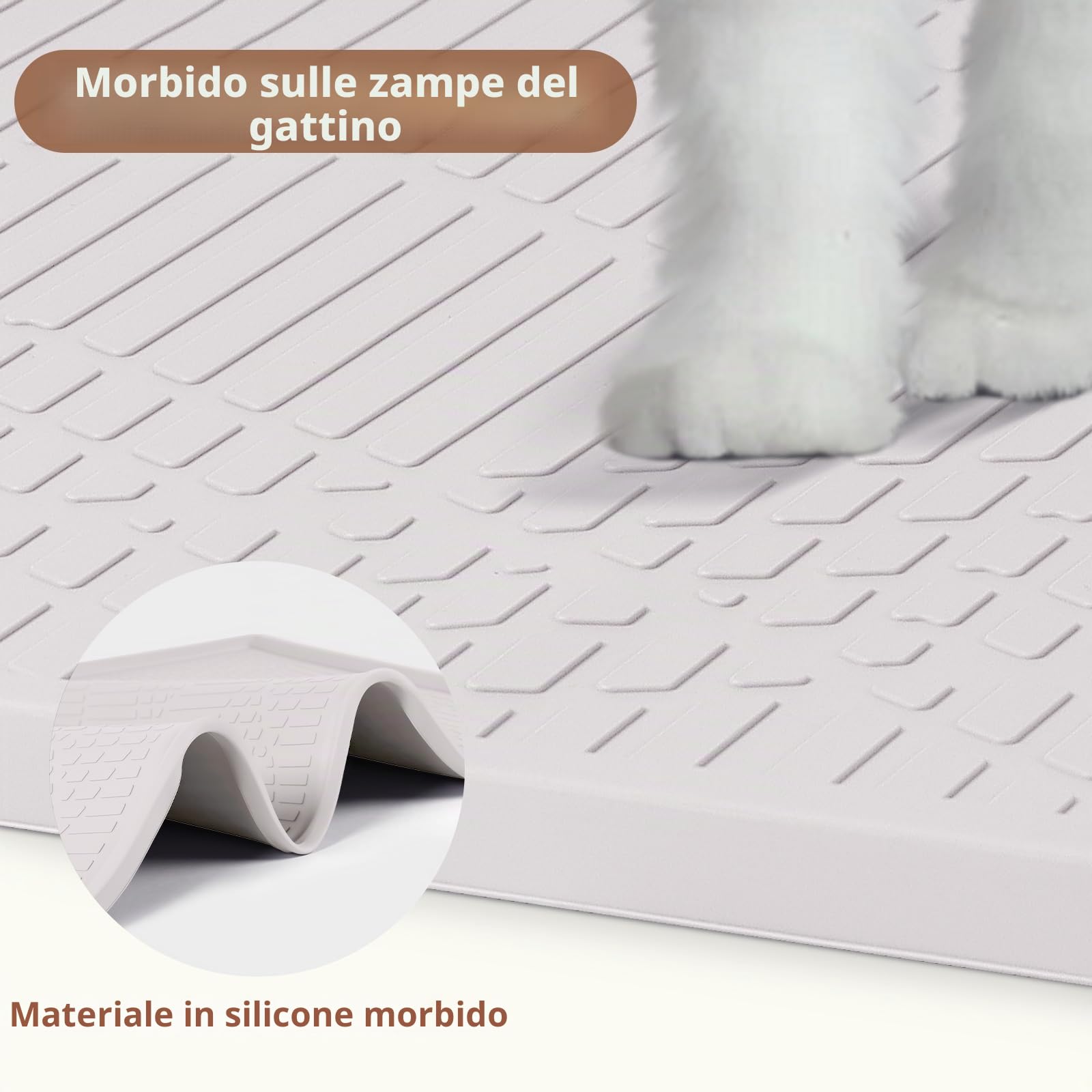 86x56CM Tappetino Lettiera Gatto Silicio con Bacchetta giocattolo per gatti, Tappeto per lettiera gatto grande impermeabile lavabile per raccogliere la lettiera gatti(bianco)