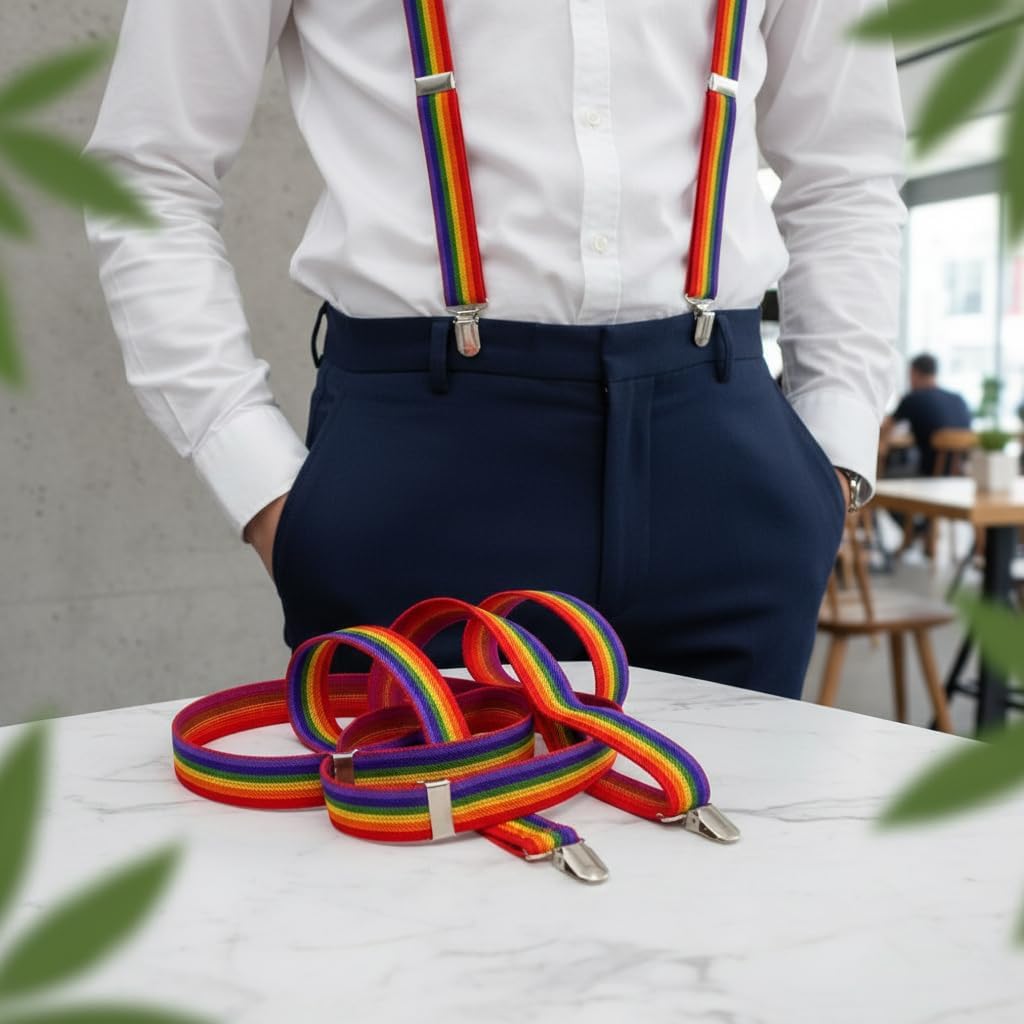 2Pcs Rainbow Suspenders, Adjustable Elastic Y-Back Style Suspenders with Strong Metal Clips for Men and Women