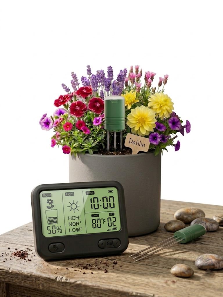 VODESON Upgraded Plant Soil Moisture Meter with 230ft RF Wireless Waterproof & LCD Display for Moisture,Temp,Sunlight,Time,Ideal for Garden, Farm, Lawn Care-Outdoor (1 Sensor)