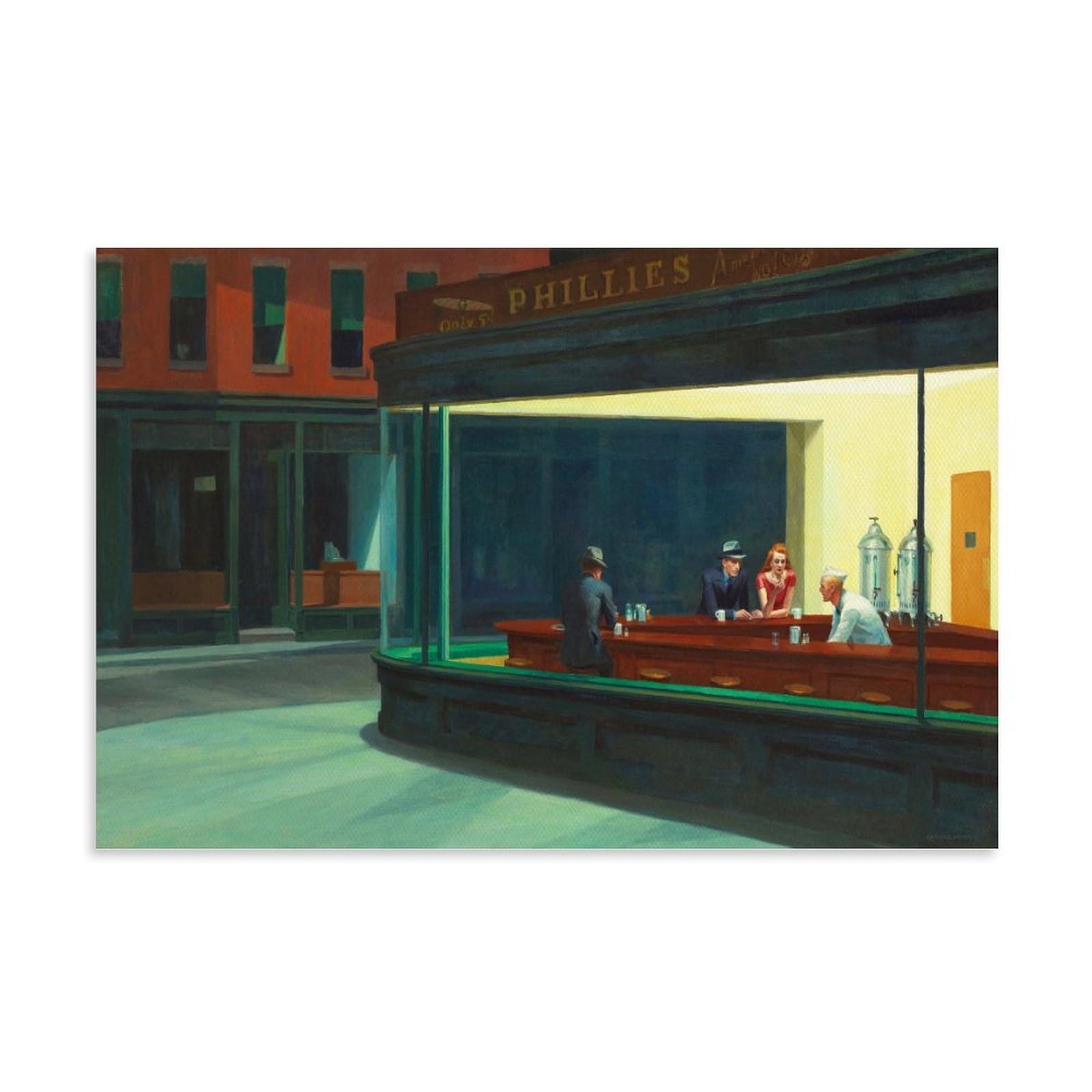 WurBu Edward Hopper Paintings (Nighthawks 1942) Printing Posters Wall Art Scroll Canvas Painting Picture Living Room Decor Home 24x36inch(60x90cm)