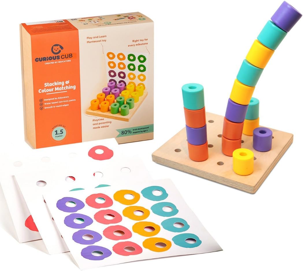 Curious Cub Montessori Stacking and Colour Matching Peg Board |Educational Activity for 1+, 2 Year Old Baby| Wooden Toys for Toddlers Boys & Girls| Kids Brain Development Toy| Sensory Learning