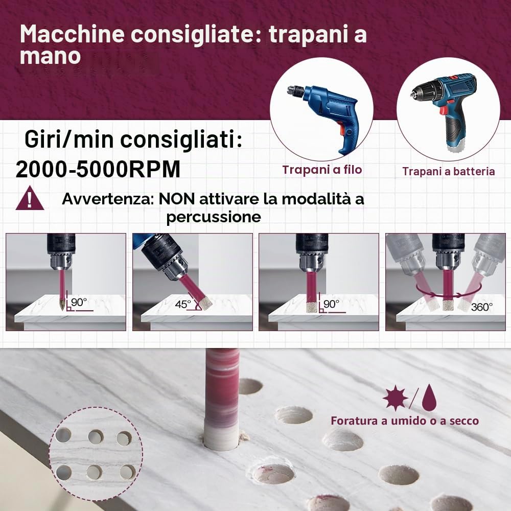 Punte Diamantate Gres Porcellanato 11 Pezzi - 9 Pezzi 6/6/8/20/25/35/45/50/65mm Punte Trapano, 6mm Punta in Carburo, 50mm Fresa per Smusso per Porcellana Piastrelle Ceramica Marmo Granito