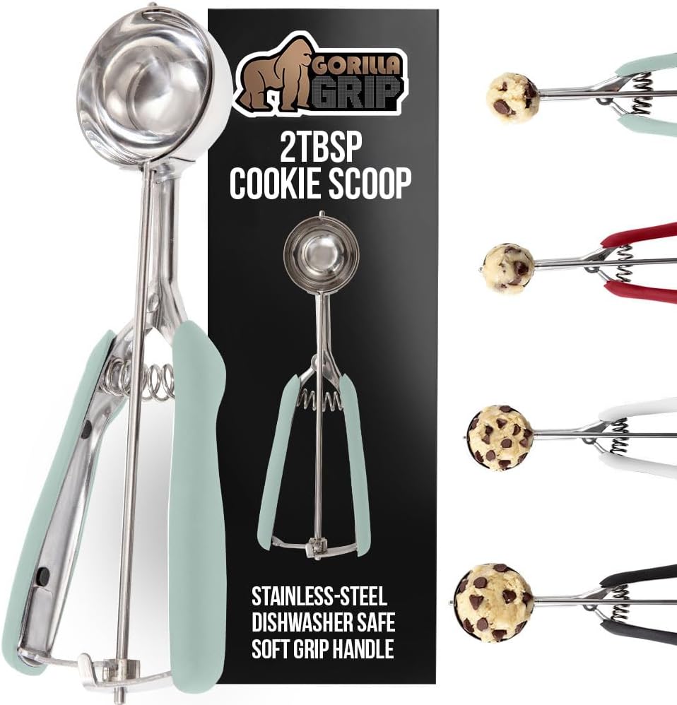 GORILLA GRIP BPA-Free 304 Stainless Steel Cookie Scoop, 2 TBSP Scooper #40, Soft Grip Handle, Easy Food Release, Create Even Portions, Multipurpose Kitchen Melon Baller, Meatball Spring Scoops, Mint