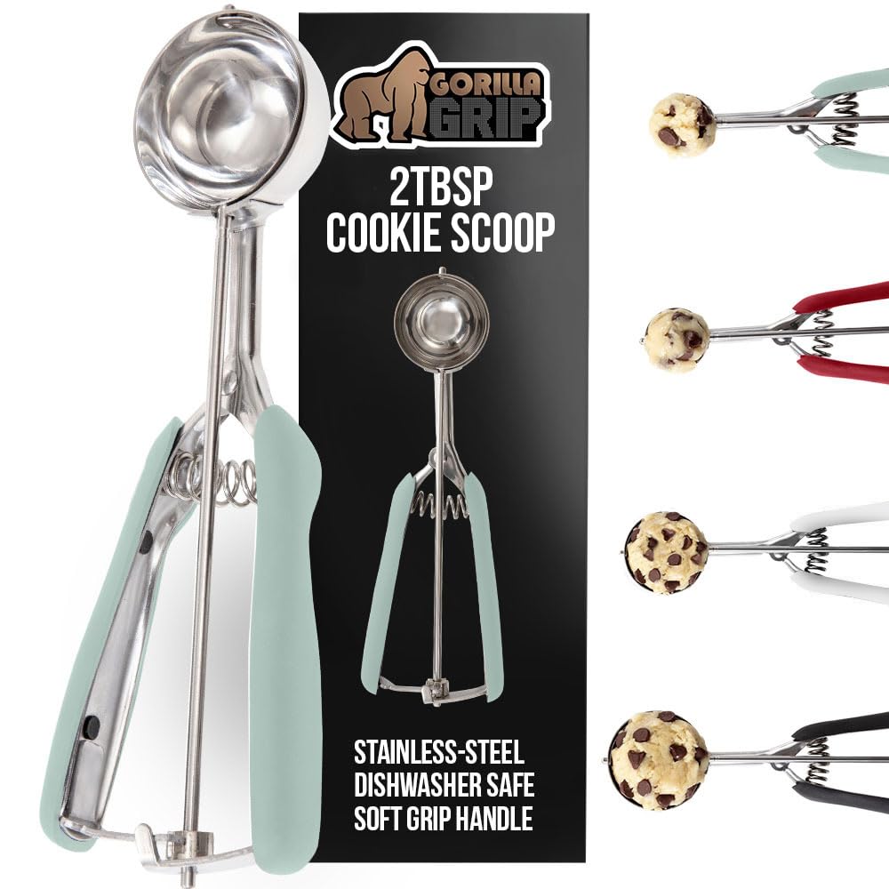 Gorilla Grip Stainless Steel Multipurpose BPA-Free Spring Scoop, 2 TBSP, Melon Ballers, Cookie Dough Scoops, Perfect Portion Sizes, Easy Squeeze and Clean Release, Scooper Size 30, Mint