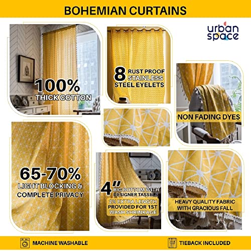 Image of Urban Space Boho Decorative Curtains for Long Door, 100% Cotton Curtain 8 Feet Long, Set of 1 Curtains with Tassels, 60-65% Room Darkening Curtain with Tieback and Eyelets(Trellis Blue, 8 Feet)