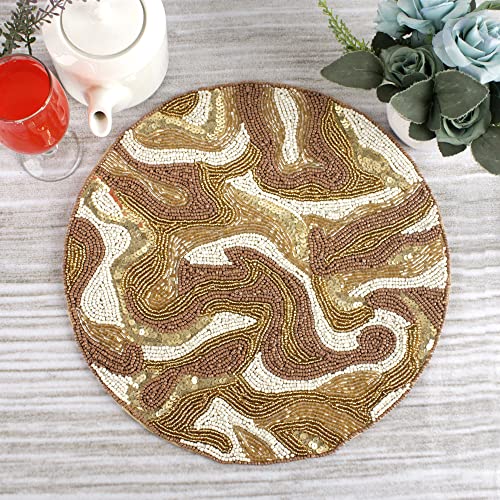 Beaded Table Mat, Coffee Table Beaded Mat, Placement Mats For Dining Table Beaded, Round Beaded Placemats, Beaded Placemats For Dining Table - 13 Inch Charger Plate - Pack Of 2 - Brown Gold #TOP6