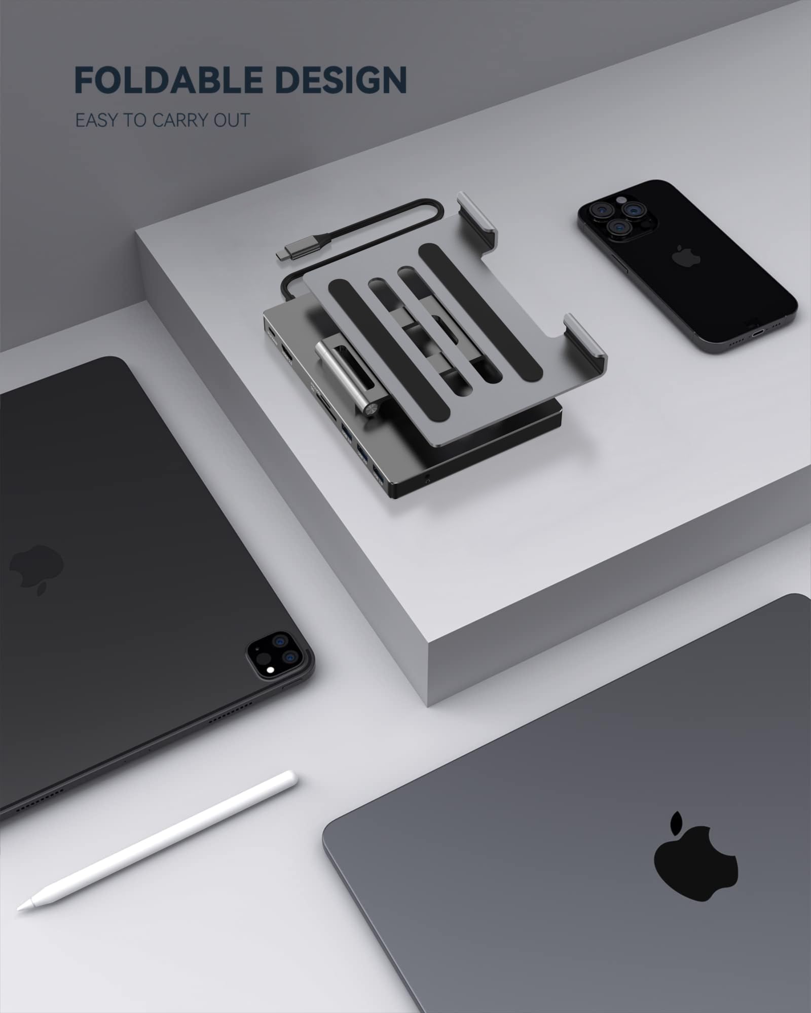 iPad Pro USB C Hub Stand, adattatore per iPad Pro M4 M2 M1 13 12.9 pollici iPad Air Docking Station Pieghevole con 4K60Hz HDMI, ricarica PD, lettore di schede SD/TF, 3 USB 3.0, audio da 3,5 mm (ST801)