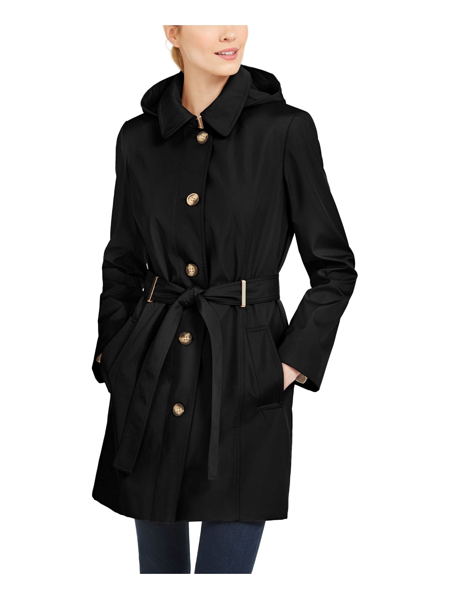 Calvin Klein Womens Button Front Trench Coat with Belt