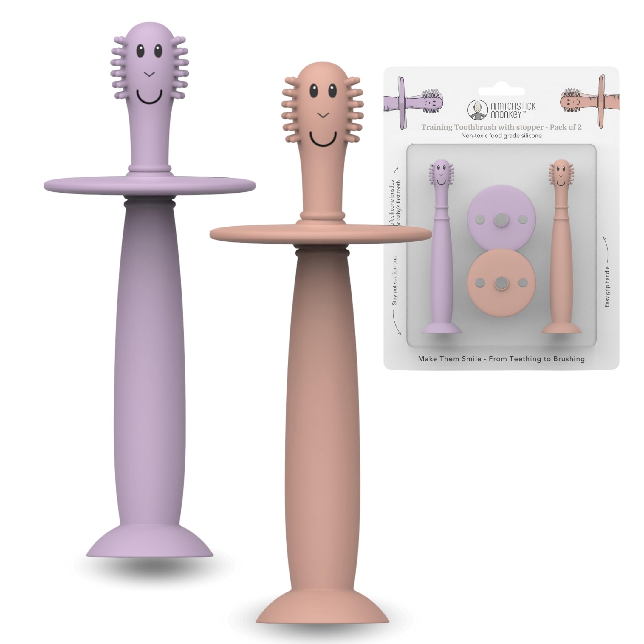 Matchstick Monkey Baby Trainingszahnbürste mit Sicherheitsstopp, 2er Set ab 3 Monaten, Silikon, BPA-frei, BioCote® antibakteriell, weiche Borsten, Zahnpflege Baby