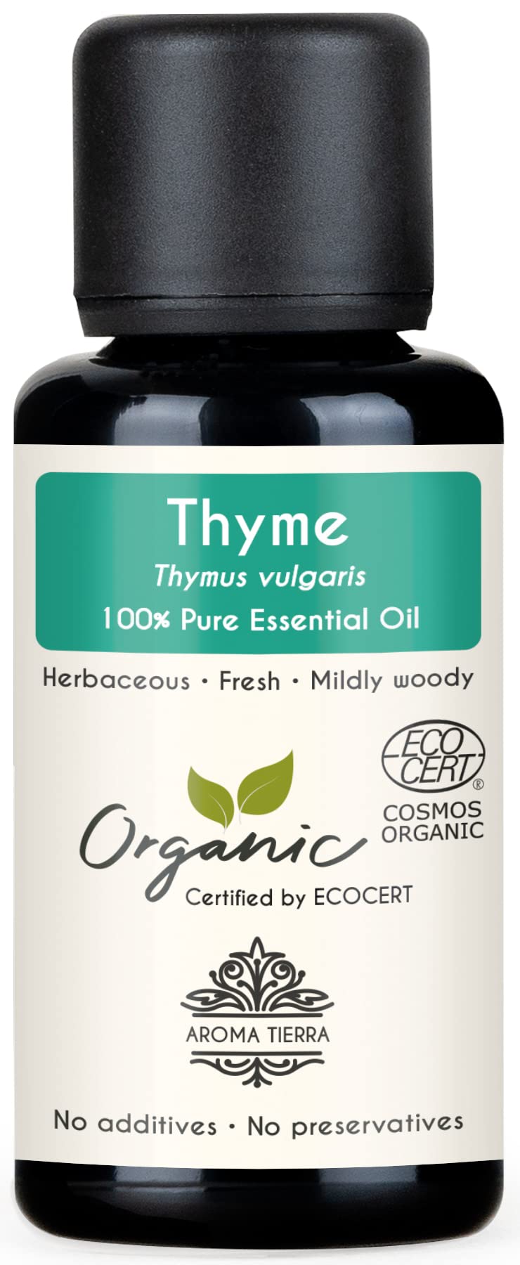 Aroma Tierra Organic Thyme Essential Oil 30ml - 100% Pure, Natural & Undiluted - Herbal & Spicy - For Wellness, Massage & Recovery, Skin & Hair, Aromatherapy & Diffuser