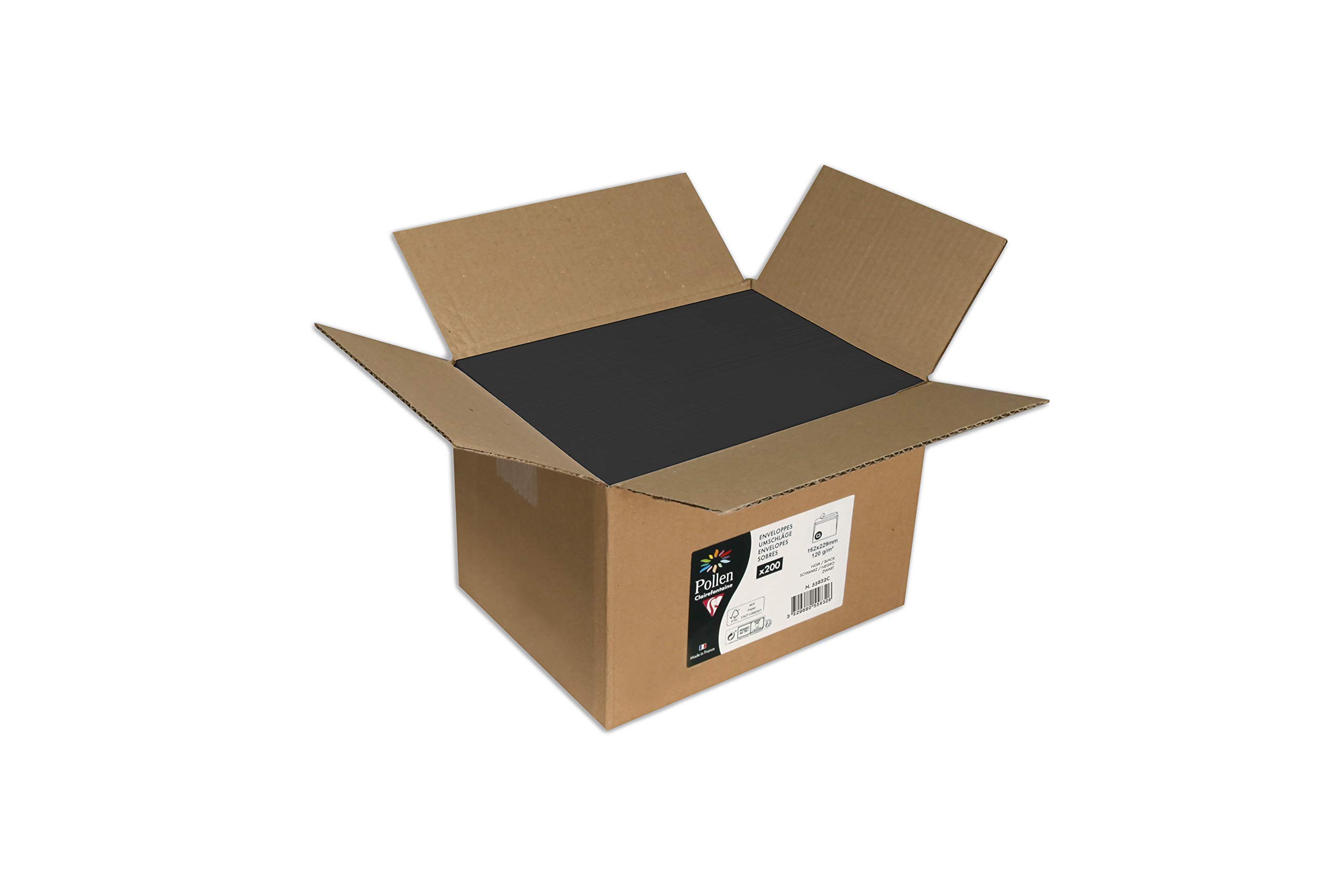 Clairefontaine - Ref 55832C - Pollen Bulk Packed Envelopes (Pack of 200) - C5 Sized, 120gsm Paper, Inkjet & Laser Compatible, Acid Free, Self-Adhesive Backing - Black