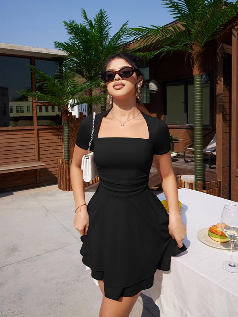 XXTAXN Women's Sexy Square Neck Short Sleeve Ruched Tiered Ruffle Hem Flowy Club Party Mini Dress - Image 7