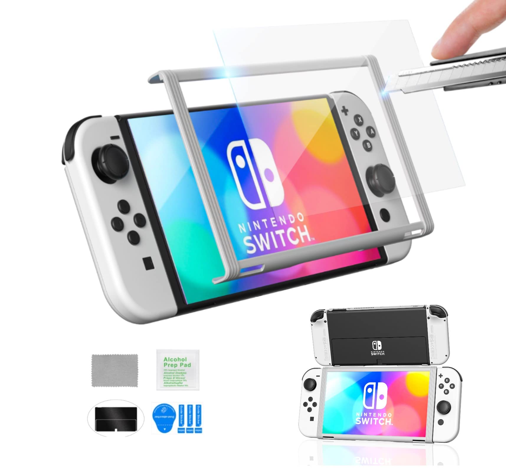 Sibese Tempered Glass Screen Protector Unique Design for Switch OLED Model 2021, HD Clear Screen Protector with PC Frame, Full Cover, Anti-Scratch, Bubble Free (White)