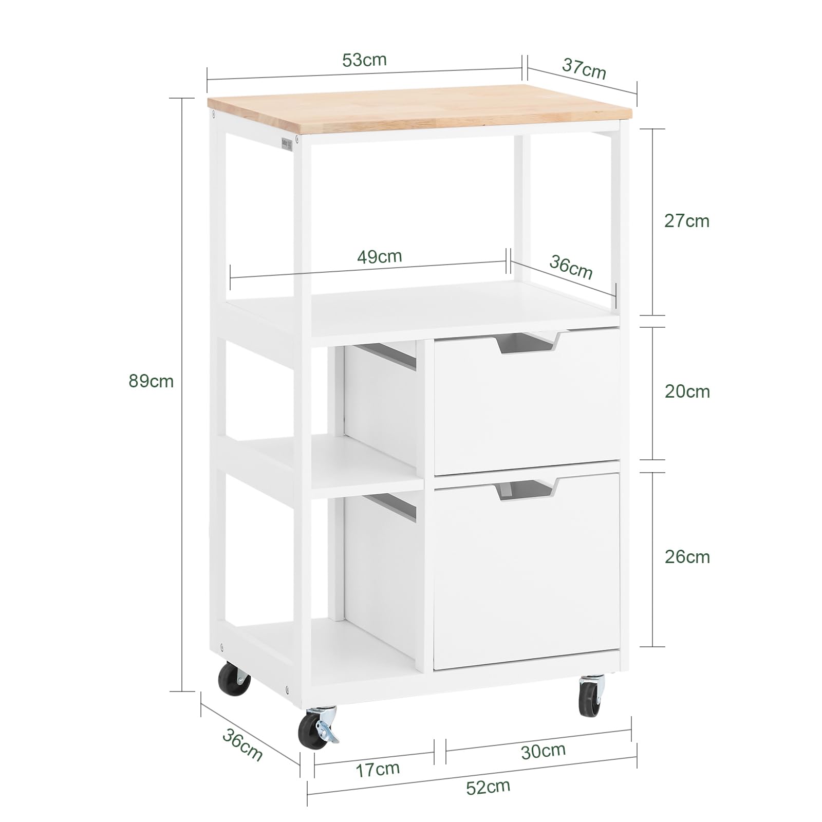 SoBuy Servierwagen mit Rollen Rollwagen mit Schubladen Küchenwagen Beistelltisch Holz mit 3 Ablagen Metall Küchenregal im modernen Design für Küche & Haushalt 89x53x37cm Weißnatur FKW111-WN