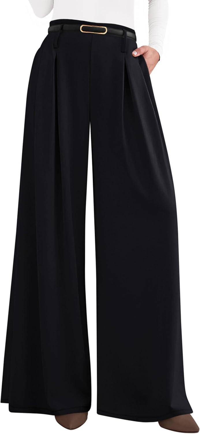 PRETTYGARDEN Womens Fall Wide Leg Trousers 2025 High Elastic Waist Loose Pleated Long Flowy Palazzo Work Pants with Pockets Black Medium