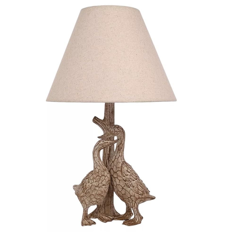 Britalia Grey Duck Table Lamp, Wood Effect Resin, Linen Drum Shade, E27, 46Cm X 27Cm, Inline Switch