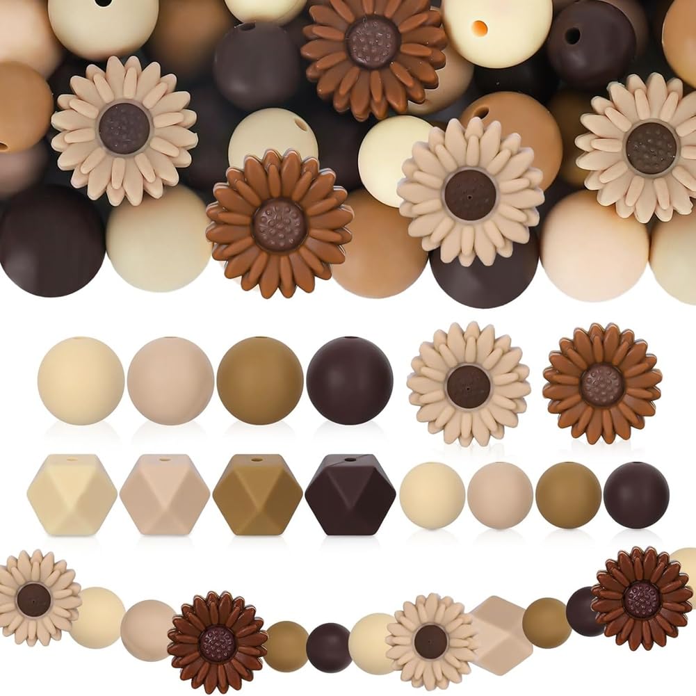 Hndhbfgrt 100 Pcs Daisy Flower Silicone Round Hexagon Loose Rubber Beads for DIY Crafts Jewelry Necklace Bracelet Keychain Making Silicone Beads Brown