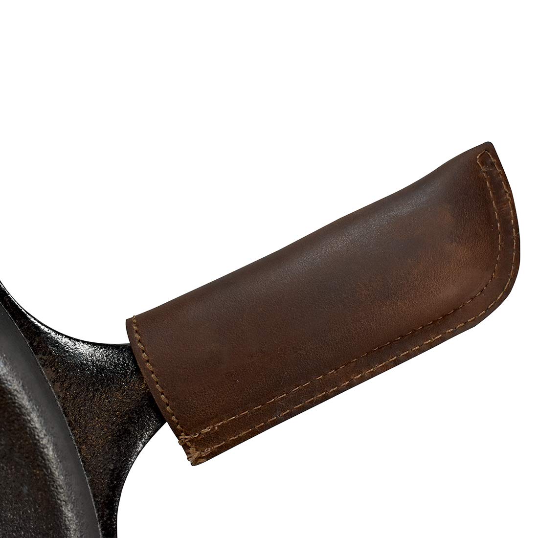 Hide & Drink, Rustic Leather Hot Handle Holder, Fits 4-in-Long Skillet Pan Handles, Cast Iron Panhandle Potholder, Double Layered & Stitched, Handmade Includes 101 Year Warranty :: Bourbon Brown