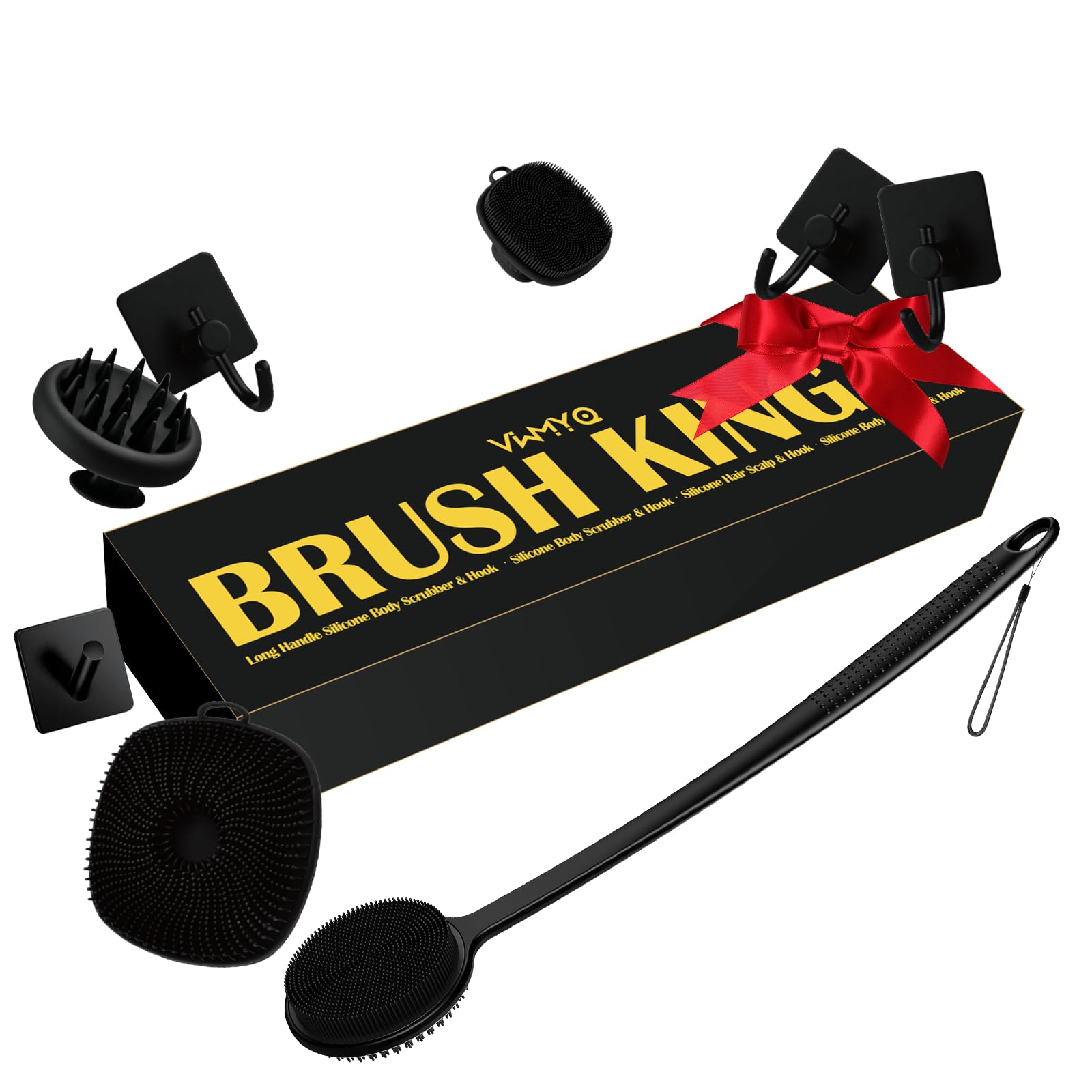 Silicone Body Scrubber Set, Includes Back & Body Scrubbers, Face Brush, Scalp Massager, 4 Storage Hooks, Shower & Bathroom Hygiene Accessories for Present(Black)