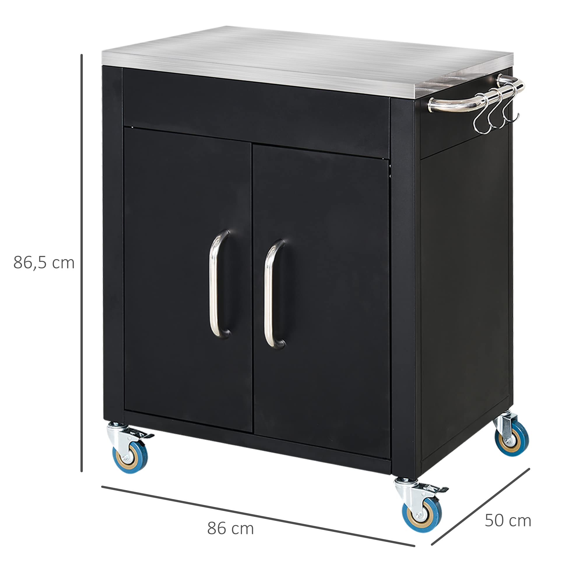 HOMCOM Küchenwagen mit Rollen mit Schrank Haken 86 x 50 x 86,5 cm Schwarz | Servierwagen, Küchentrolley, Edelstahlgriffe, Rollwagen, Küchenhilfe