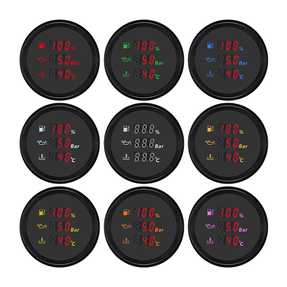 ELING Misuratore digitale multifunzione da 52 mm con indicatore di livello del serbatoio del carburante, pressione dell'olio, indicatore della temperatura dell'acqua 12 V 24 V con retroilluminazione a