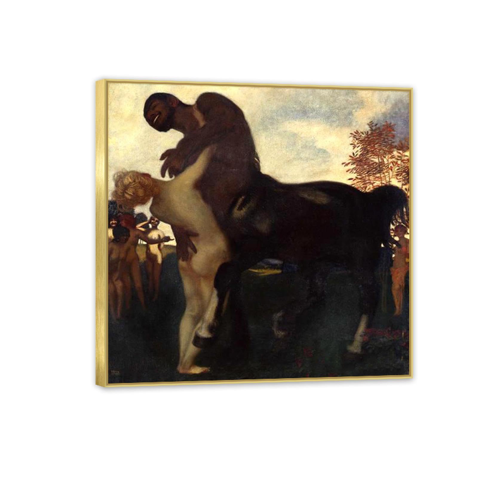 Hau3sh3a Frame Franz Von Stuck Wall Art Print Centaur Und Nymphe Famous Giclees Franz Stuck Picture Artwork Wall Decor For Living Room Bathroom Office 70X70cm(28X28in) Gold