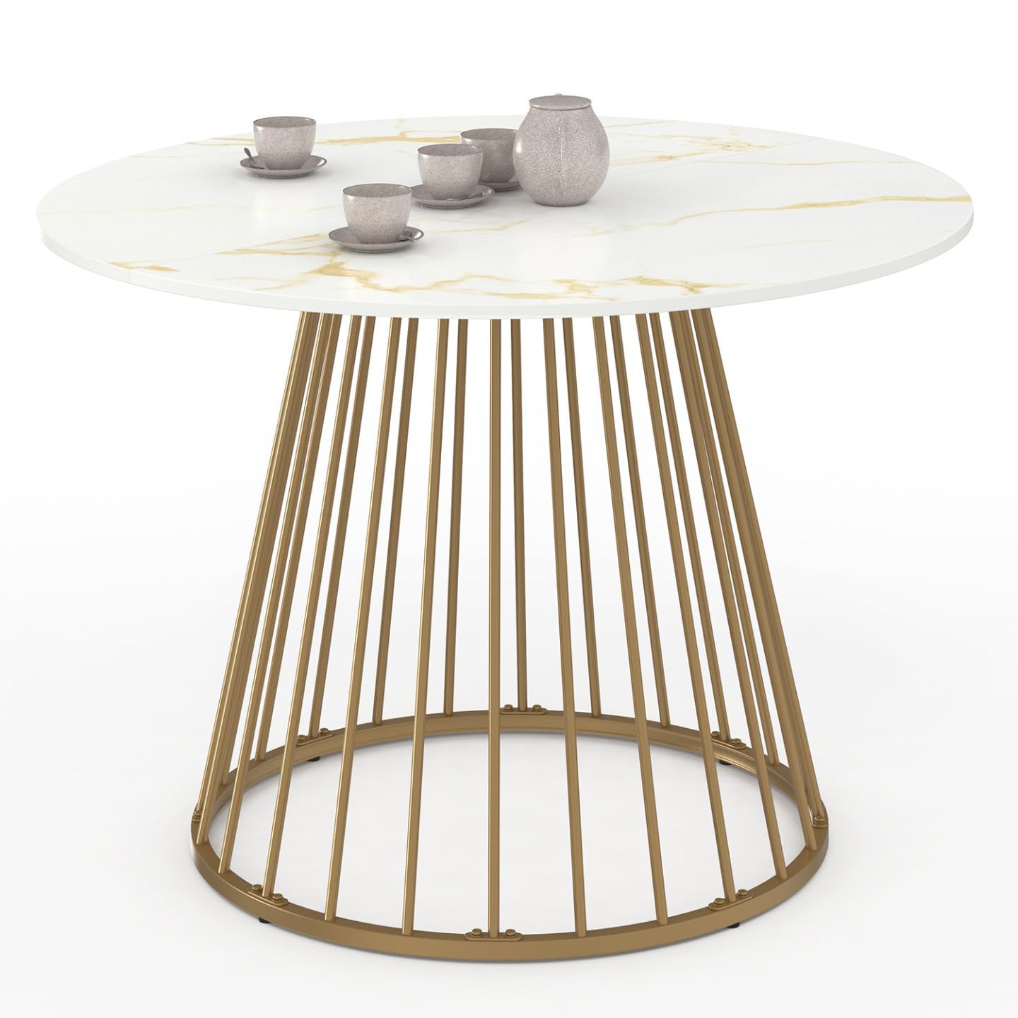 IDMarket - Mesa de comedor redonda YUNA 6 personas con pie de alambre de latón y mesa con efecto mármol blanco Alaska 110 cm
