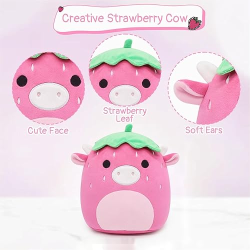 Miniatura 2 de Juguete de peluche de vaca de fresa, juguete de peluche de vaca kawaii, linda almohada de vaca suave para Navidad, cumpleaños, regalos para niños,