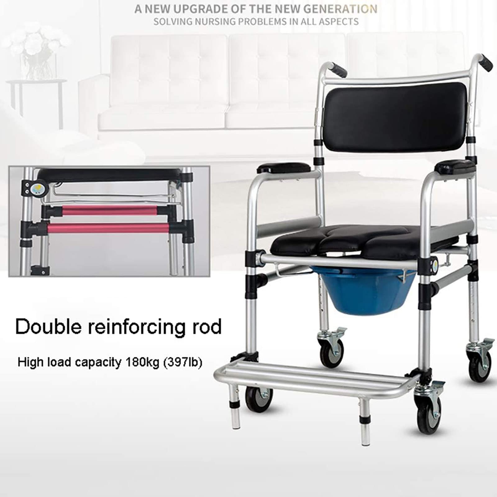 Silla de WC con Ruedas,Silla De Ducha Plegable PortáTil, Una Silla con Orinal MéDico De Ancianos, Frenos Y ReposapiéS (Cuatro Rondas)