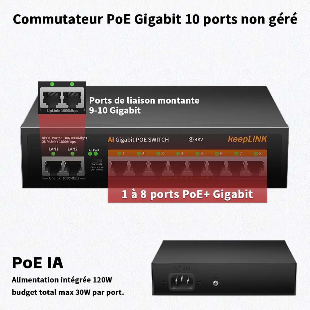 10 Port Gigabit PoE Switch, 8 Ports 1000Mbps PoE+, 2 Ports 1000Mbps Uplink, Puissance intégrée de 120 W IEEE802.3af/at, Plug and Play Non géré en métal sans Ventilateur