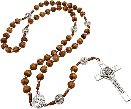Miniatura 3 de TALISMAN4U Rosario de madera de olivo collar católico Medalla de San Benito Crucifijo Crucifijo Jerusalén Cruz Caja de regalo, Madera