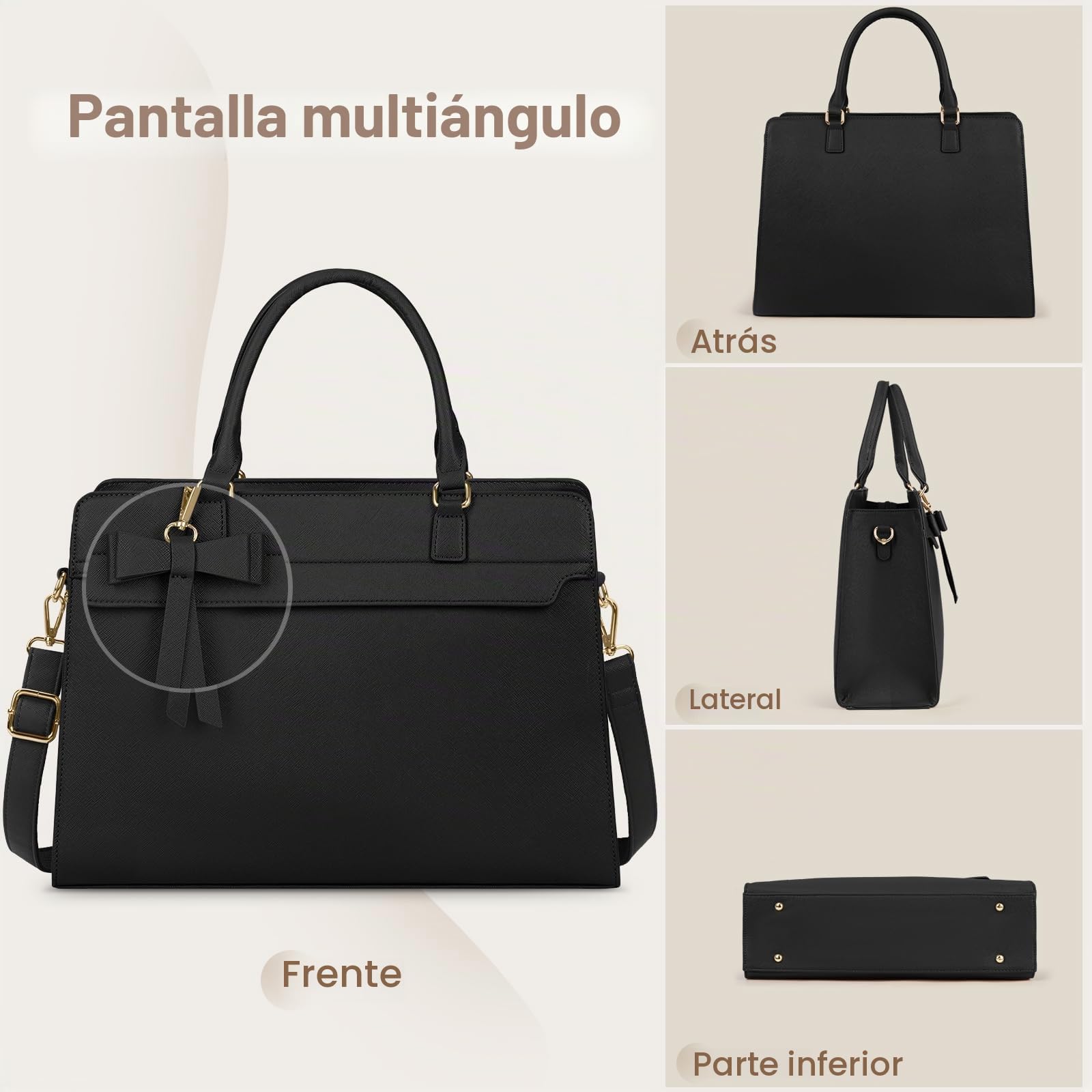 RAINSMORE Bolso Grande Mujer Cuero PU Shopper Impermeable Portatil Ordenador 15.6 Pulgadas Tote 2 Piezas para Universidad Oficina Trabajo Negro
