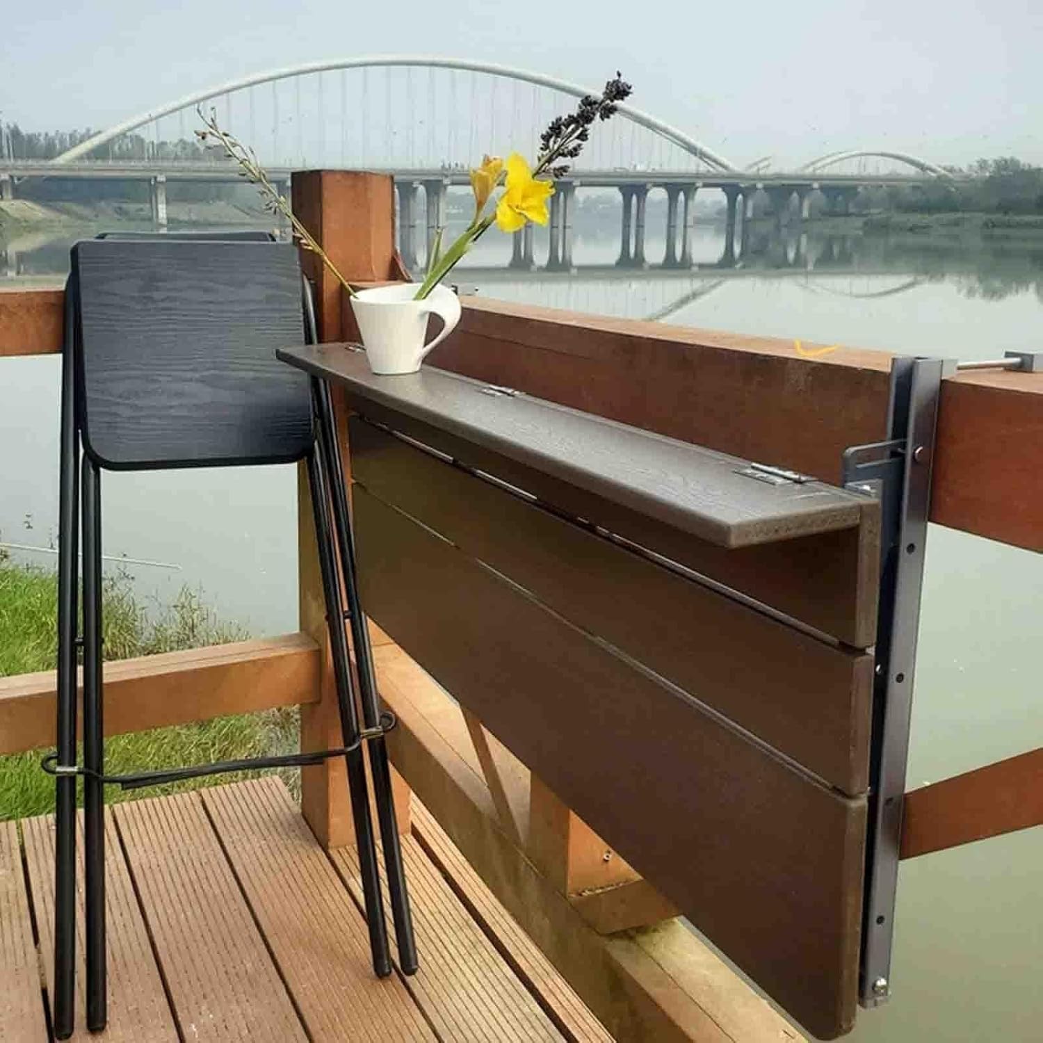 Outdoor Folding Balcony Table, Adjustable Hanging Deck Table for Railings, Wall-Mounted Side Table, Brown 60×37cm(60x37cm)