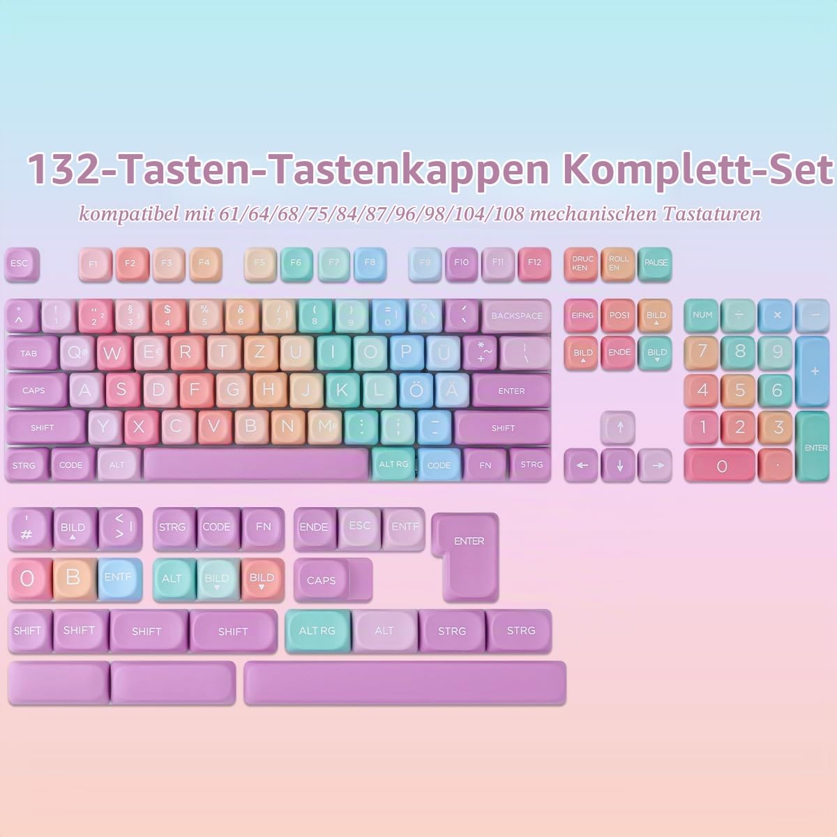 Sunzit MOA Keycaps, 132 Tasten PBT ISO DE Keycaps Niedliches Regenbogen Bonbon Set mit individuellen Tastenkappen für Cherry MX-Schalter ISO DE Layout Mechanische Gaming Tastatur(DE Layout)