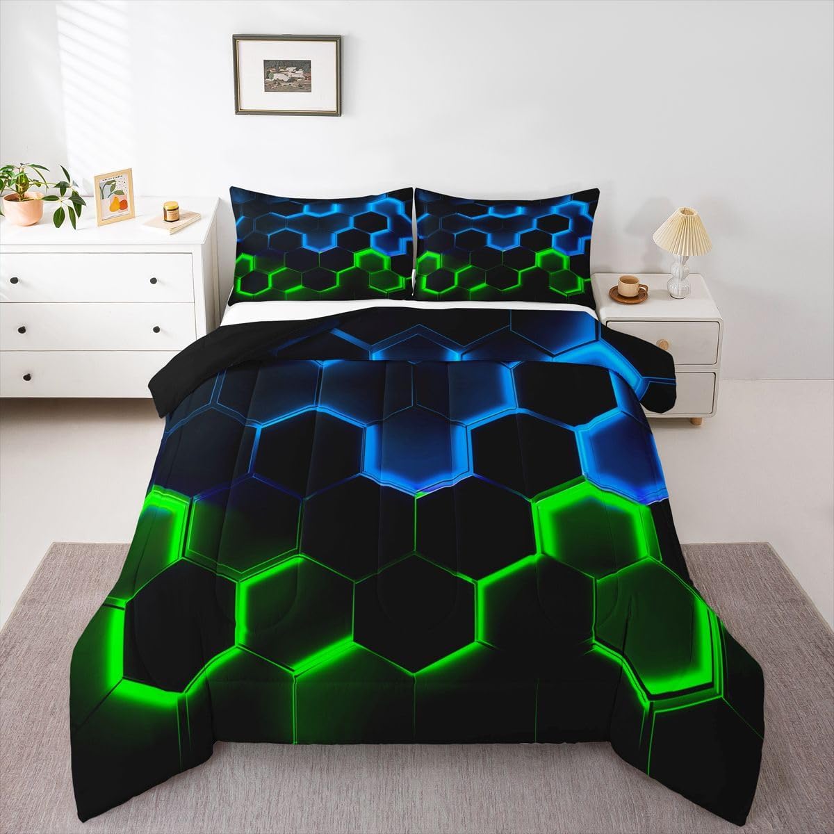 Castle Fairy Honeycomb Bedding Comforter Set Twin Size,Hexagon Theme with Green Blue Neon Lights Quilt Set,Boys Teen Man Chic Creative Home Bedding Set 2pcs Duvet Insert with 1 Pillowcase,Black