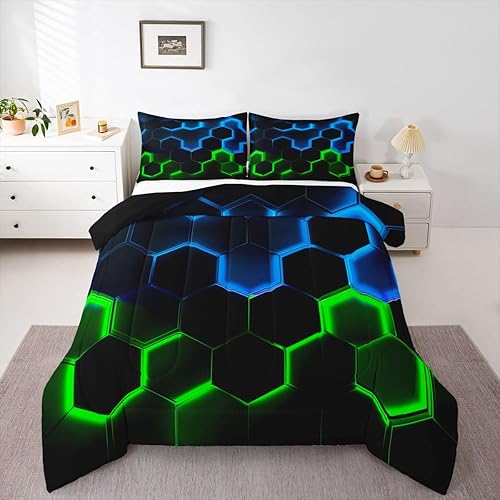 Miniatura 5 de Castle Fairy Juego de Edredón Consolador de Cama Panal de Abeja Tamaño Full, Tema Hexagonal con Luces de Neón Verde Azul Juego de Colcha, Niños
