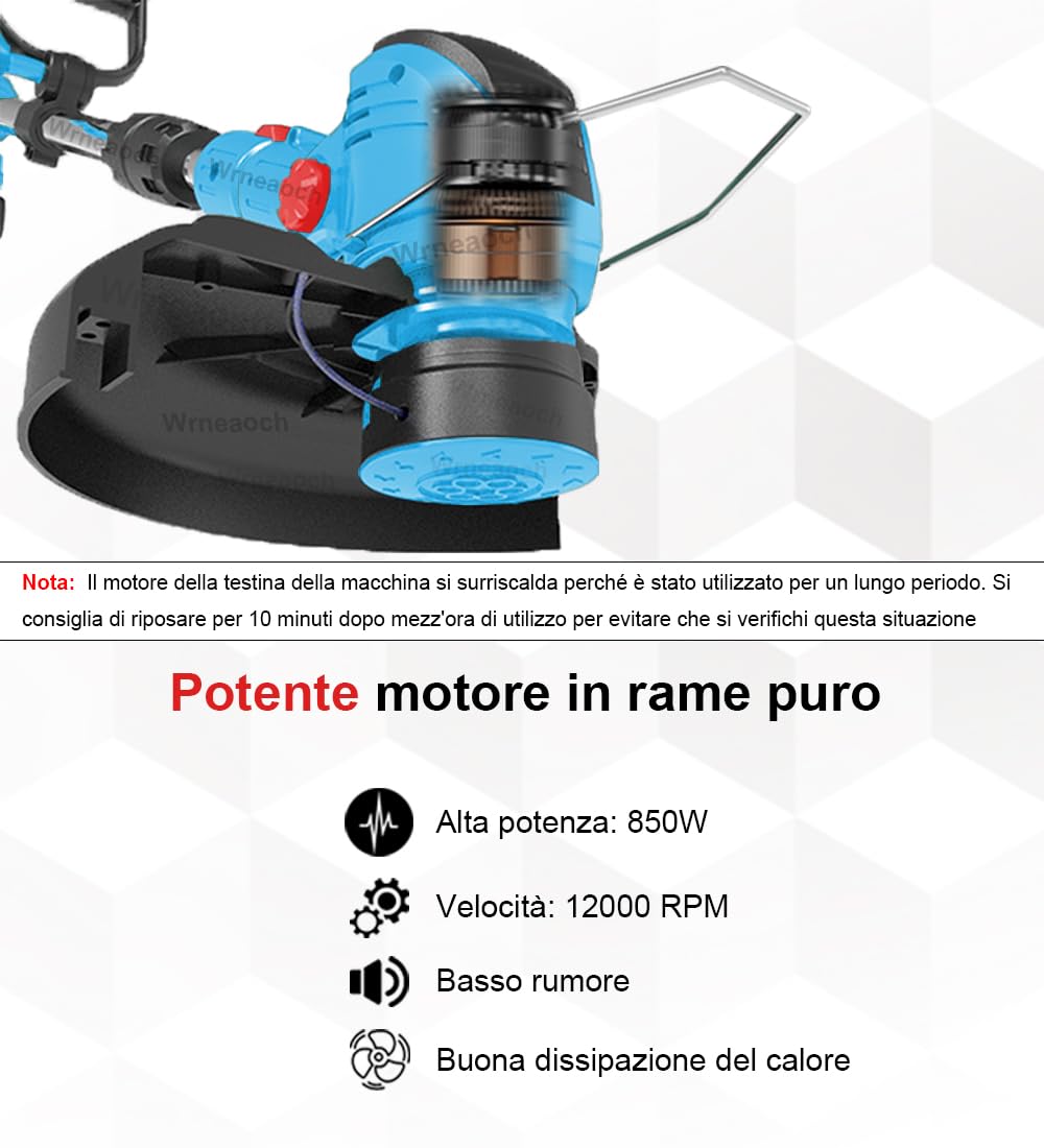 Wrneaoch 21V Decespugliatore a Batteria Elettrico con 12.000 RPM e motore da 850W Tagliabordi a Batteria con 2 Batterie da 4,0 Ah è Ideale per Tagliare l'erba in Modo Efficace e Senza Sforzo