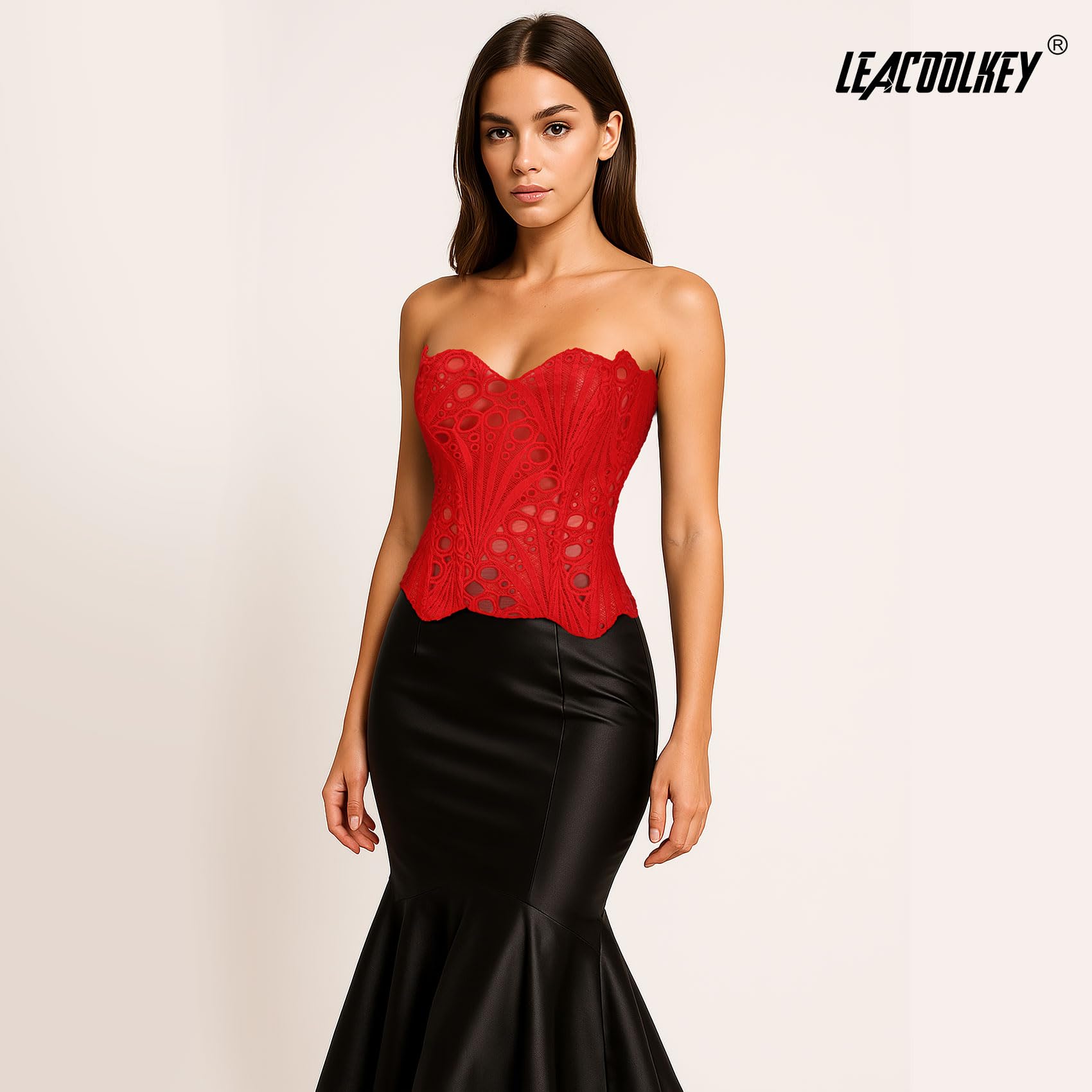 LEACOOLKEY Corpetto Corsetto in Pizzo Floreale Trasparente con Lacci per Donna Top,Rosso,S