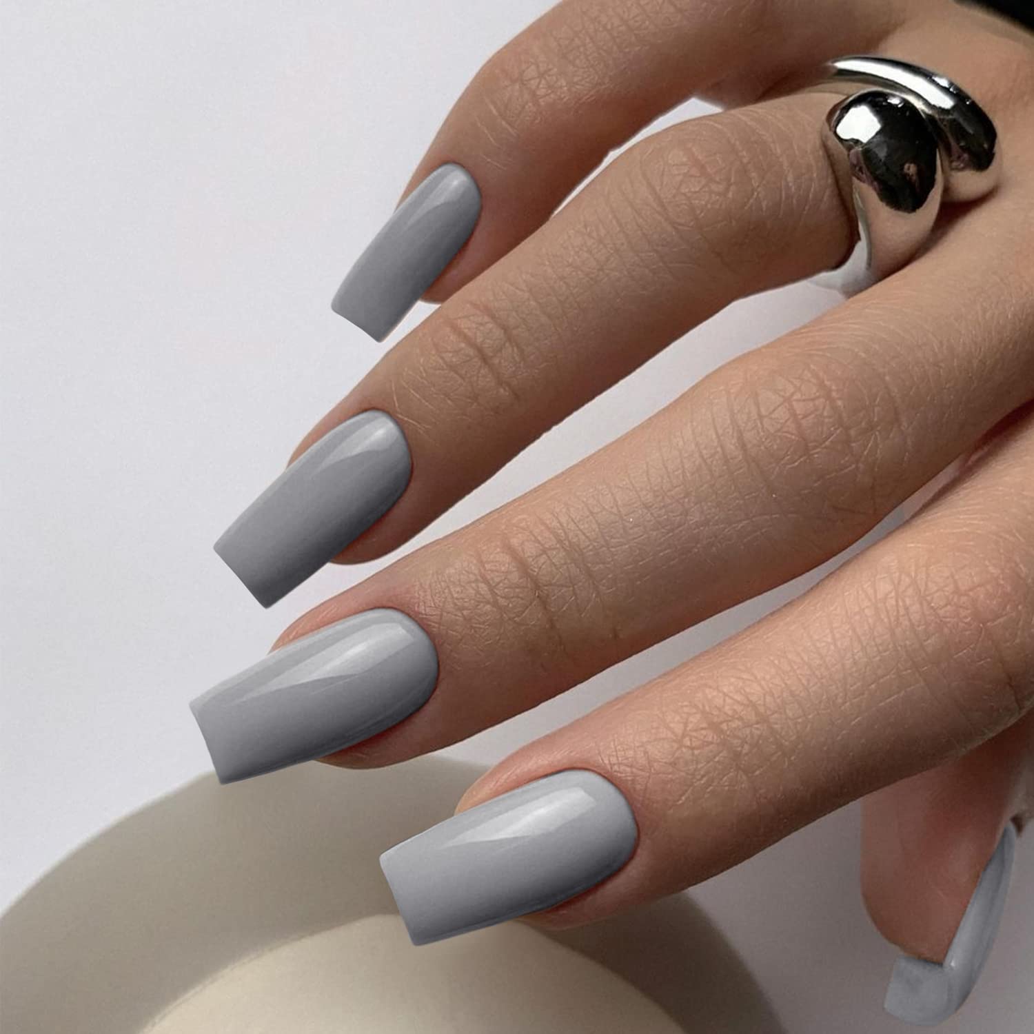 KQueenest Gray Press on Nails Long Square, Dark Grey False Nails Long Medium Coffin - Image 3