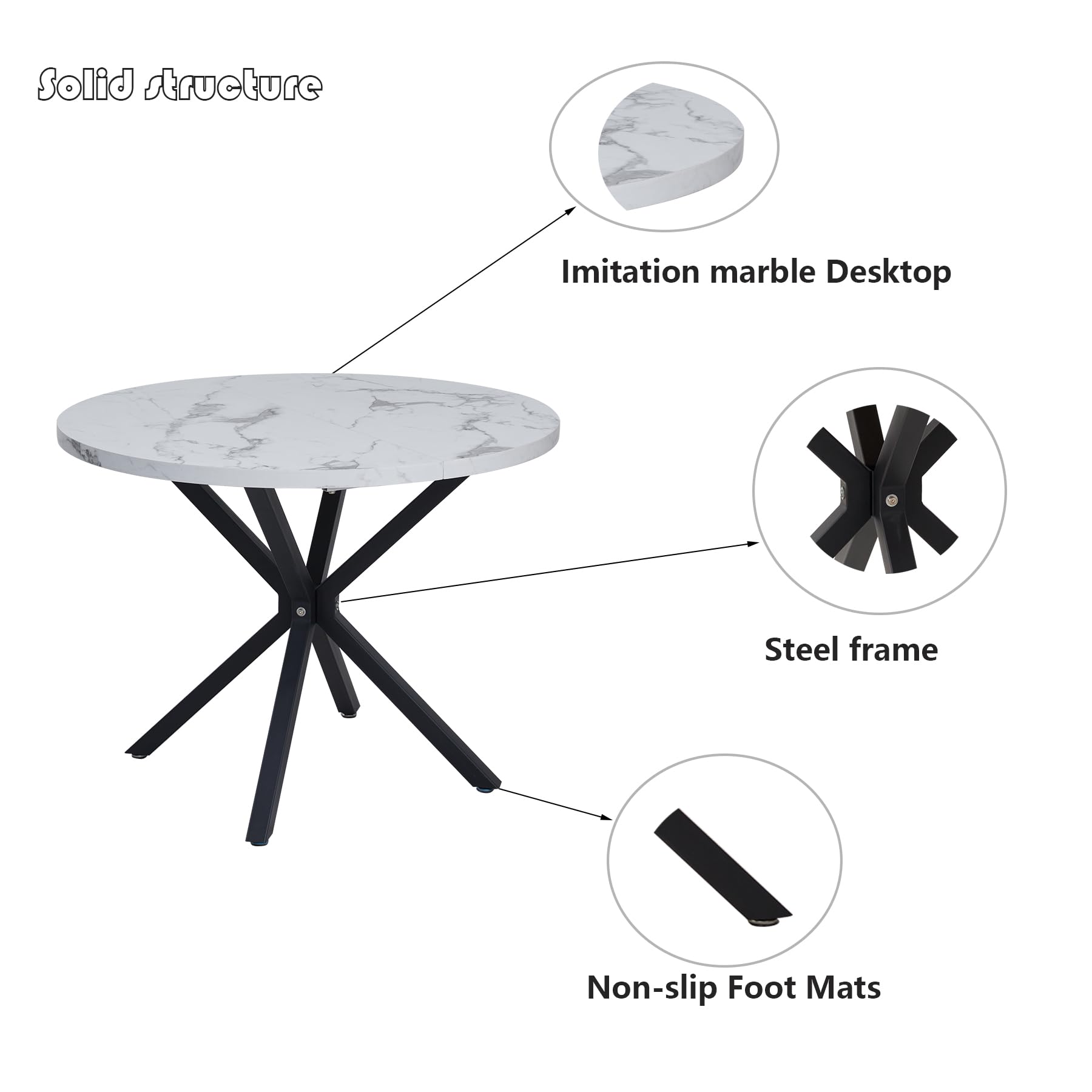 GrandCA HOME Table de Salle à Manger Ronde avec Plateau Effet Marbre Moderne, Table de Cuisine avec Quatre Pieds en Métal, pour Salle à Manger, Salon,Blanc + BKL