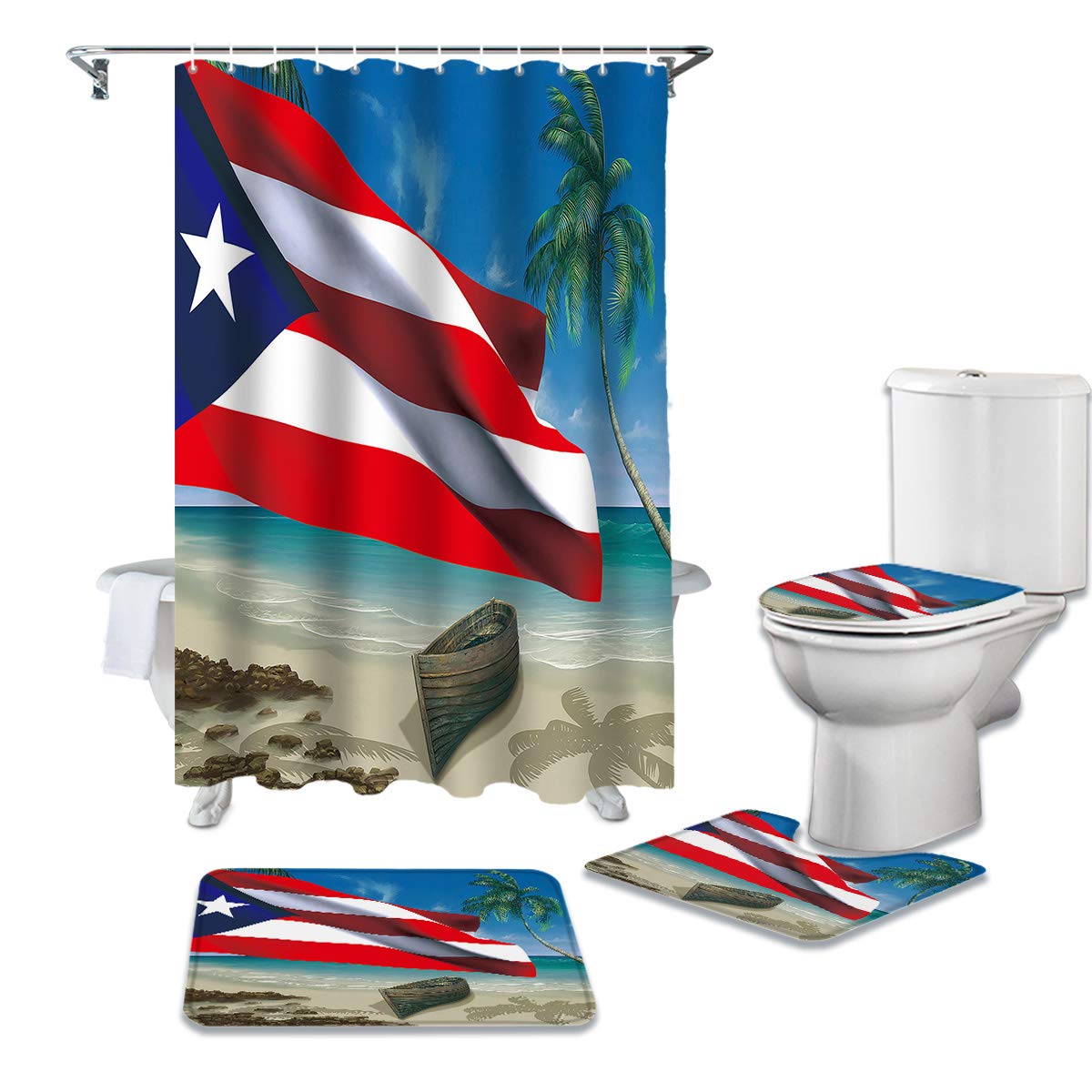 4 Piece Shower Curtains with Mat Set, The Puerto Rican Flag Flies on the Summer Beach Non Slip Bath Mat, Counter Mat, Lid Cover Bathtub Curtain with Hooks (Including 72x72 Inch Curtain Small Rugs Set)