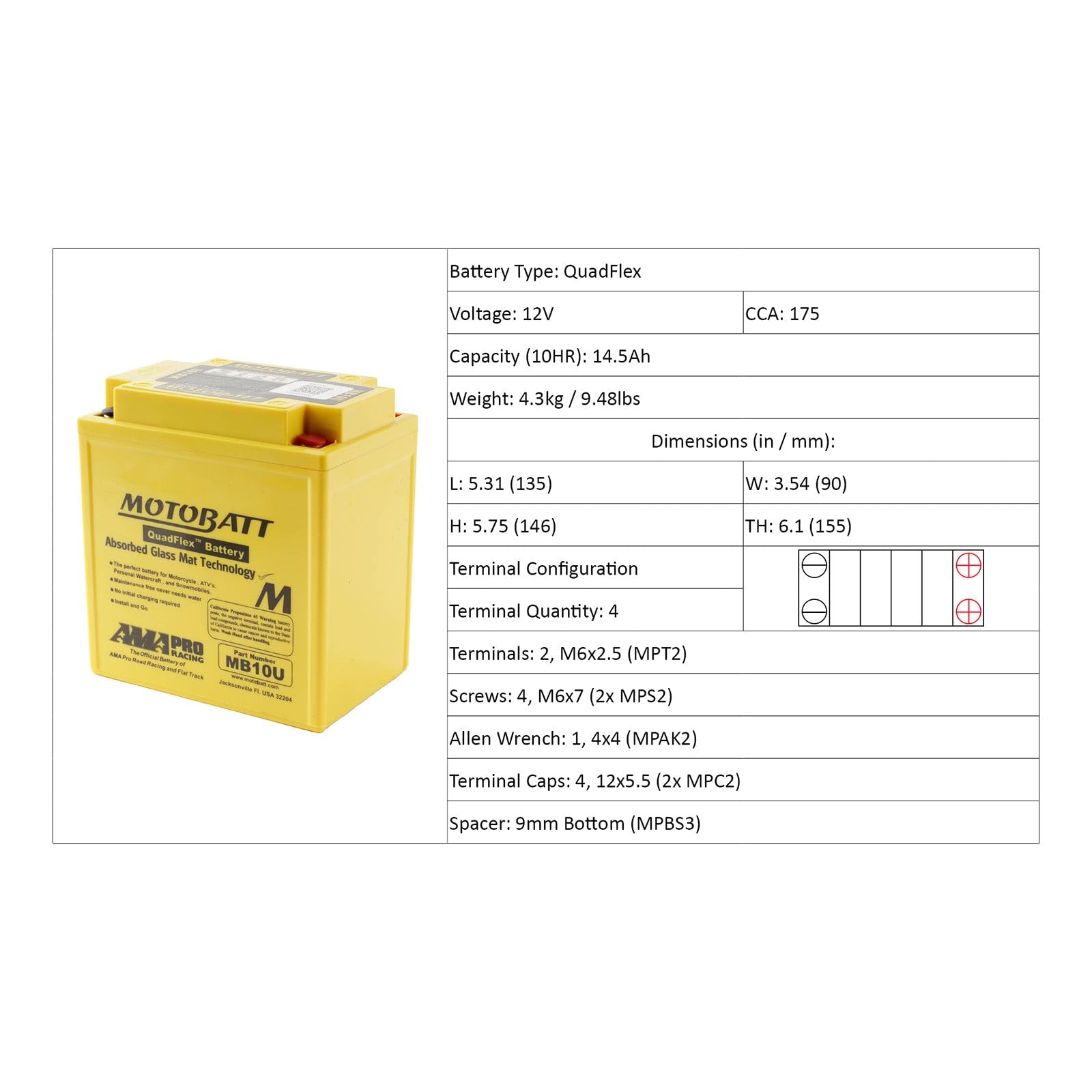MOTOBATT - Batteria Moto AGM MB10U | 12V 14.5Ah 175CCA | Sigillata Attivata in Fabbrica | Compatibile con YB10A-A2, YB10L-A2, e altri | Compatibile con Honda, Yamaha, Kawasaki, Suzuki, BMW e tutti