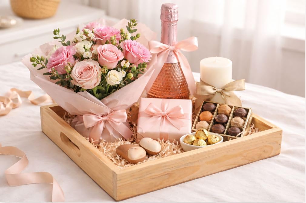 PAXIDAYA Pine Wood Tray for Gift Hamper Decoration (Occasion be it House Warming, Wedding Anniversary, Christmas, Valentine's Day, Birthday, Mother's Day, Graduation and Easter) Size 8x12 inch — Amazon image 2