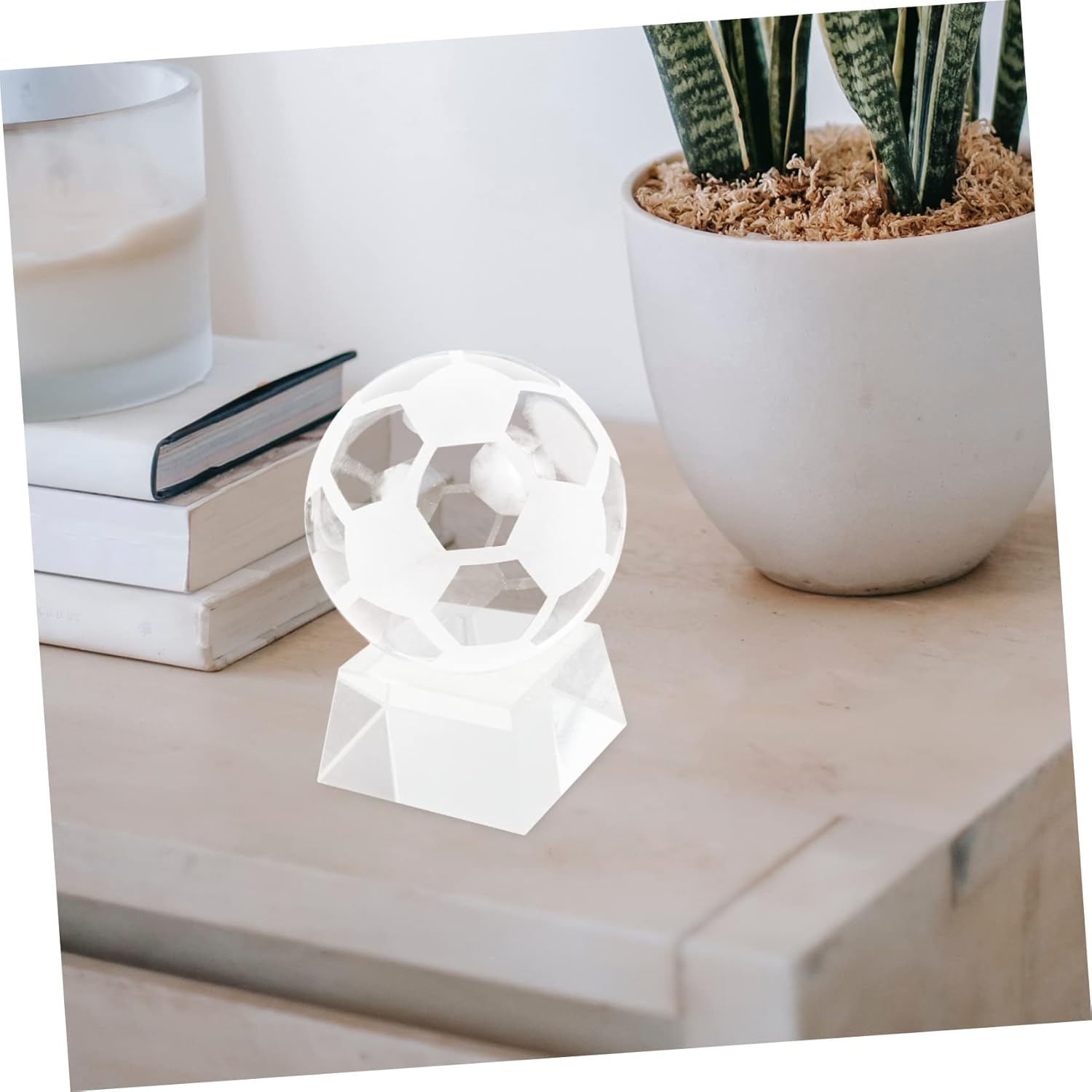 Crystal Soccer Ball with Stand Transparent Football Ornament for Home Decor Photography Props and Souvenirs Diameter Includes Base