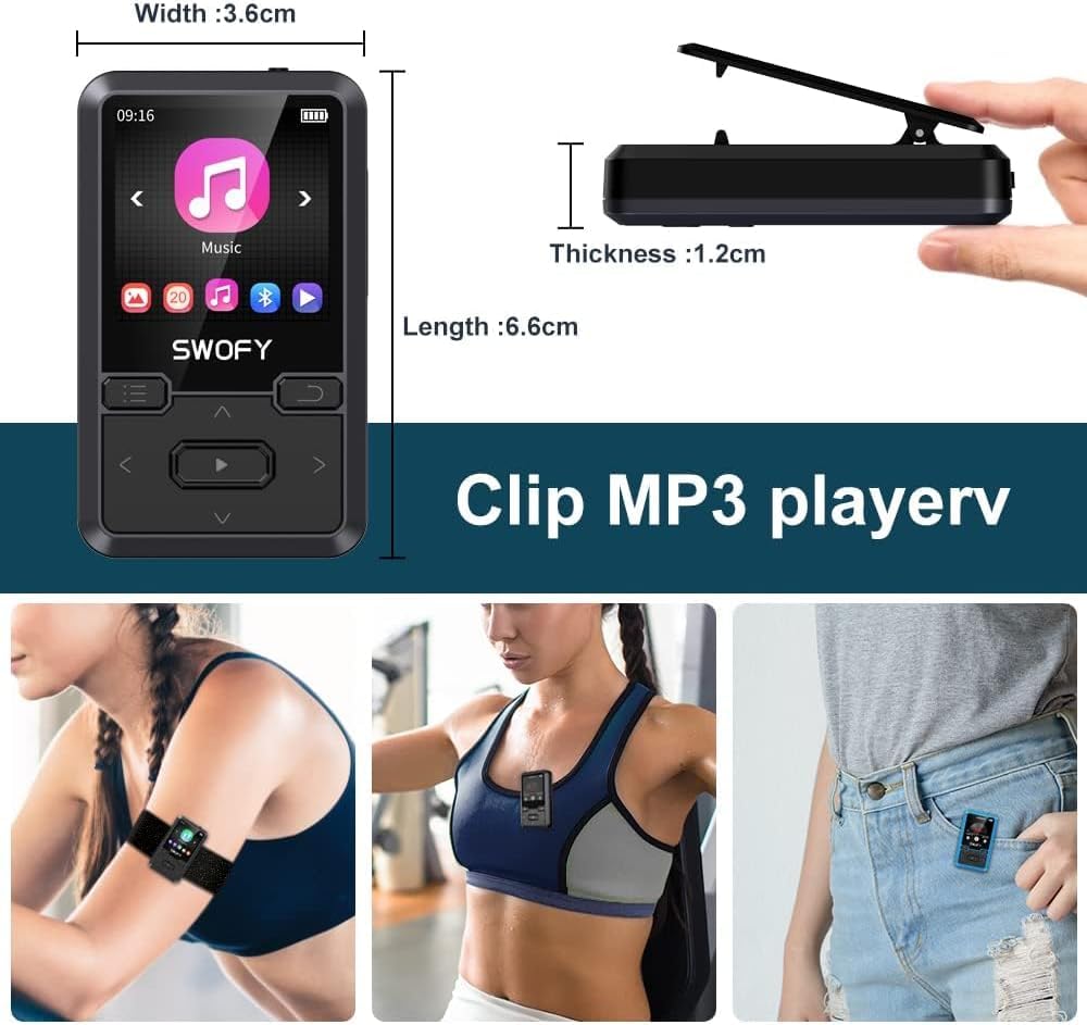 SWOFY Lettore MP3 Bluetooth 5.0 con clip sportiva, mini lettore musicale portatile da 32 GB, con cuffie, radio FM, contapassi, registrazione vocale, supporta scheda SD fino a 128 GB (nero)